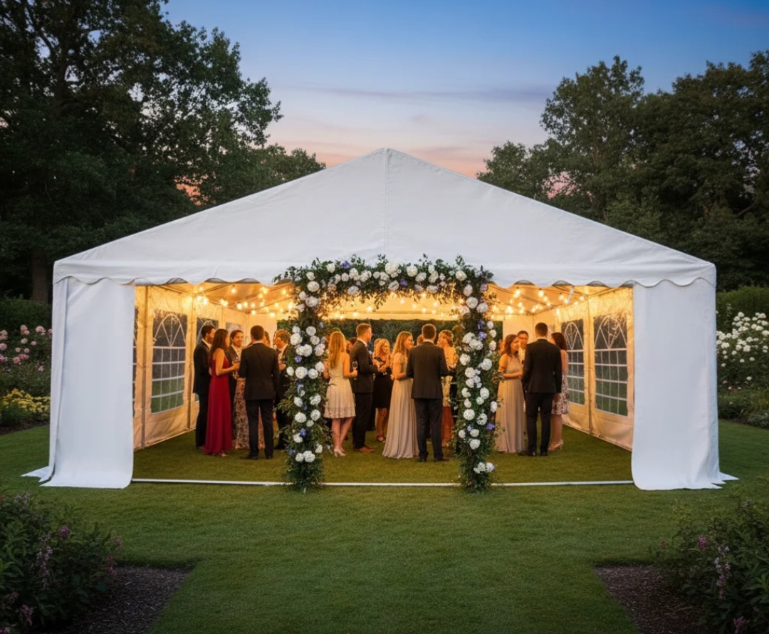 Carpa elegante para boda con flores y luces